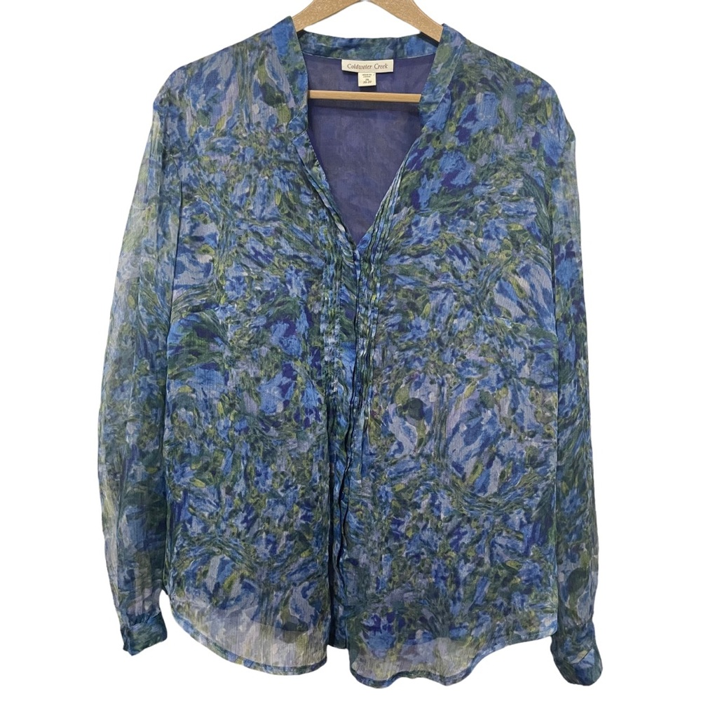Coldwater Creek Blue Green Watercolor Print Long Sleeve Split Neck Blouse Top 2X